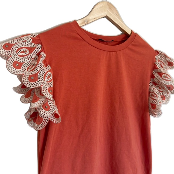 On Twelfth Orange Lace Flutter Sleeve Tee Size Large - Picture 1 of 11